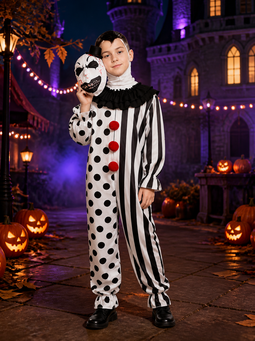 Scary Halloween Polka Dot Clown Jumpsuit Costume Set with Headpiece and Top Hat Costume Headwear detail 2