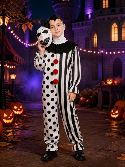Scary Halloween Polka Dot Clown Jumpsuit Costume Set with Headpiece and Top Hat Costume Headwear detail 2