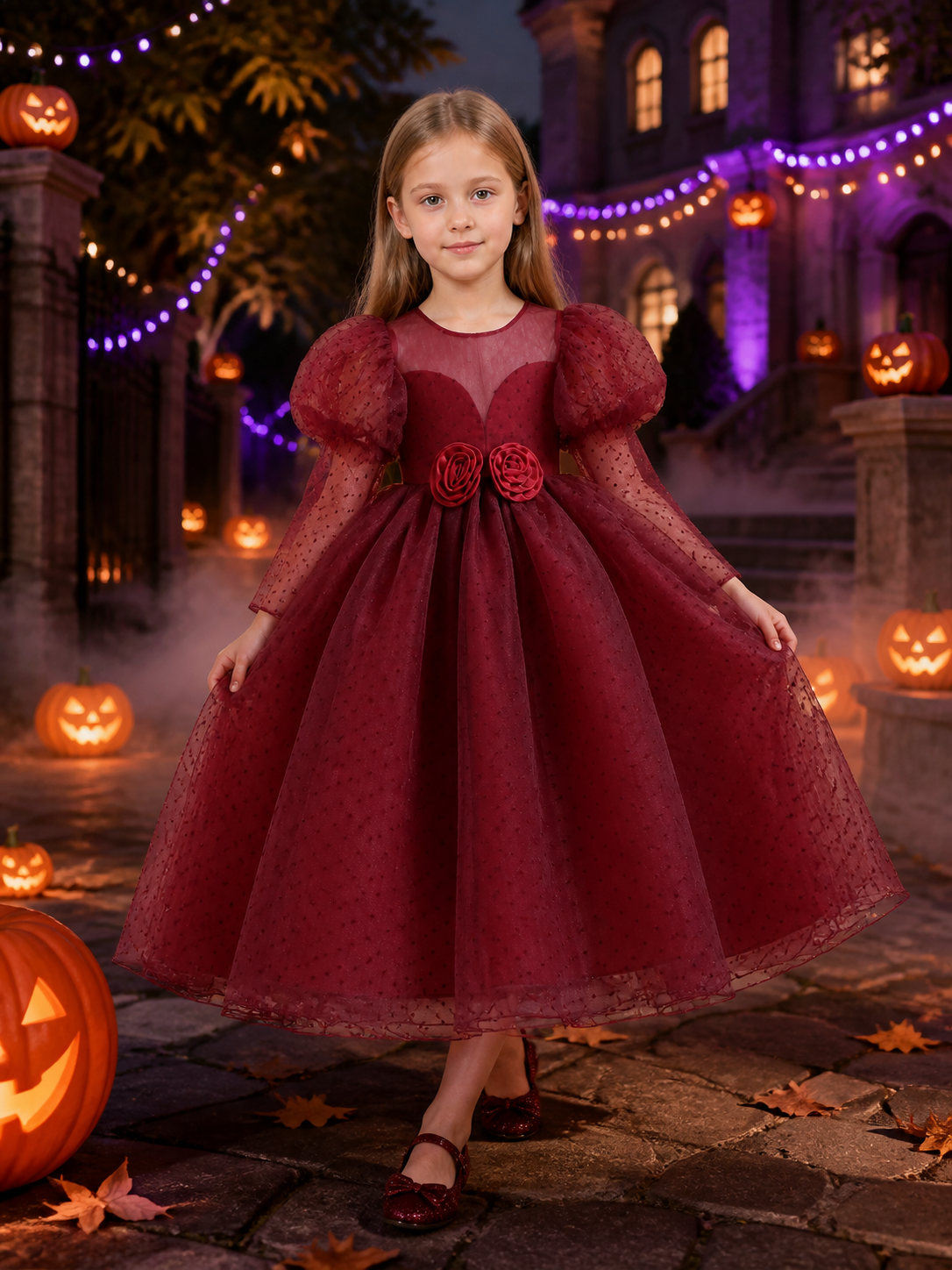 Girls' Maroon Princess Dress with Bubble Sleeves and Rose Waist Detail Costume Dresses detail 2