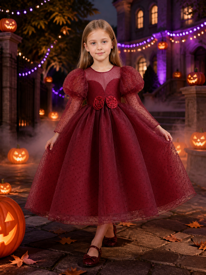 Girls' Maroon Princess Dress with Bubble Sleeves and Rose Waist Detail Costume Dresses detail 2
