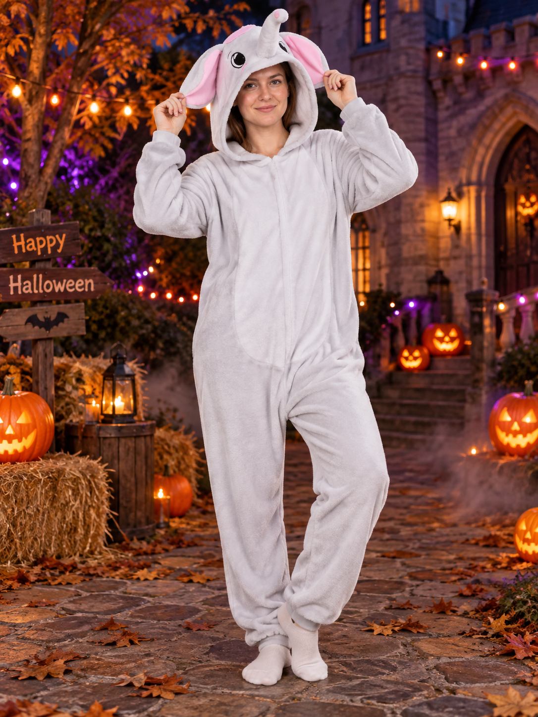 Light Gray Fleece Hooded Pajama Jumpsuit