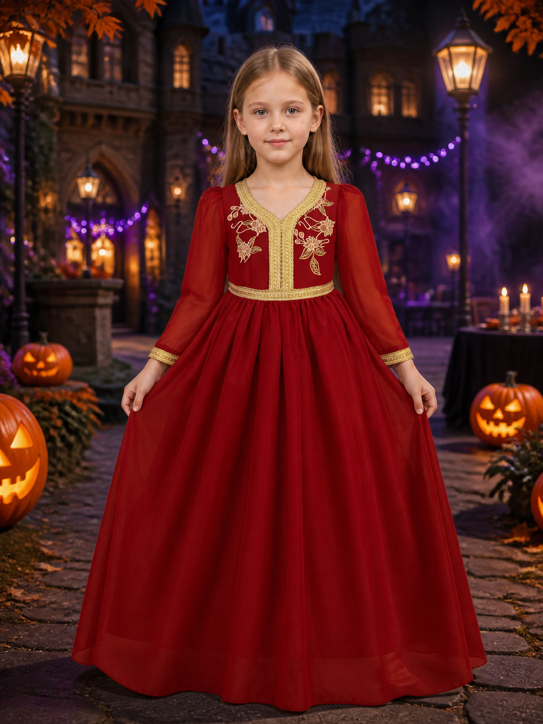 Girls' Red Princess Formal Dress with Gold Trim and Floral Embroidery, Long Costume Dresses detail 2