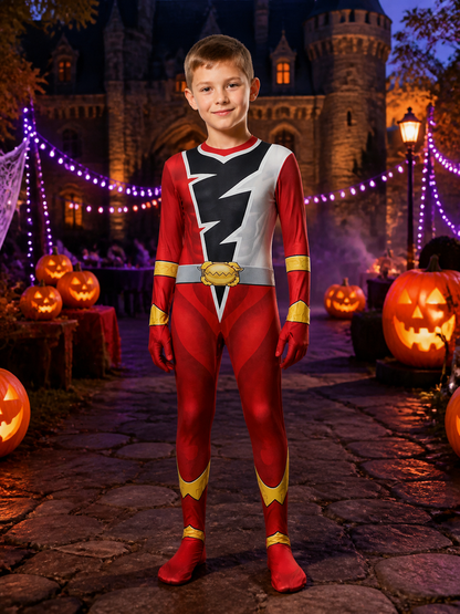 Red Ranger Cosplay Bodysuit Costume with Mask for Halloween, Kids & Adults on-model Halloween scene view