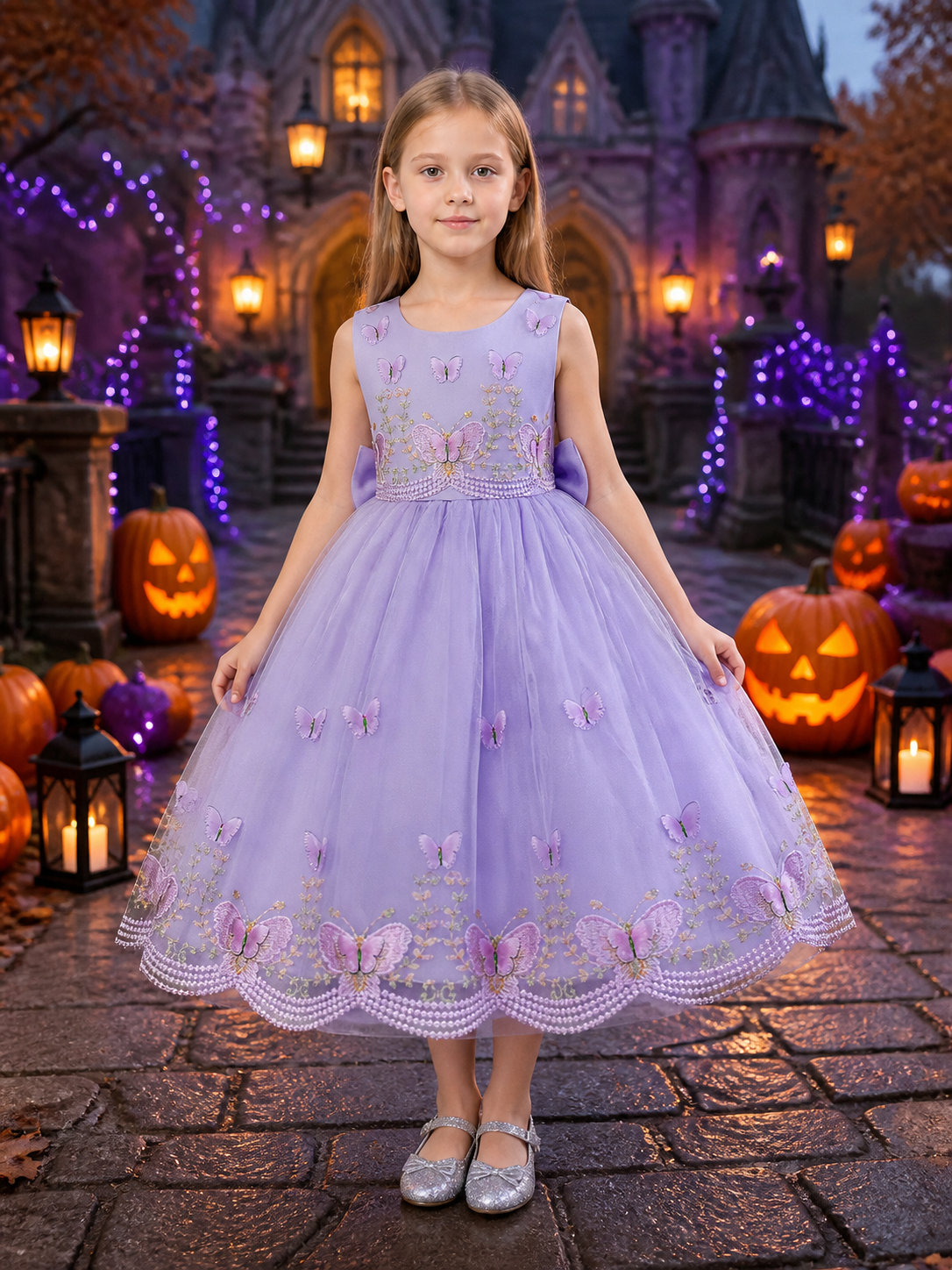 Girls' Lavender Princess Dress with Butterfly Embroidery and Bow Details Costume Dresses detail 2