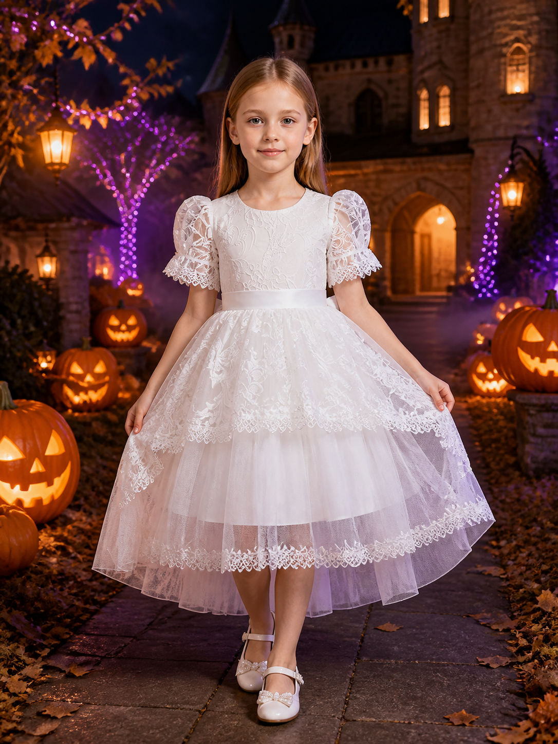 Girls' White Princess Dress, Floral Embroidered Lace Party Gown With Bow Costume Dresses detail 2