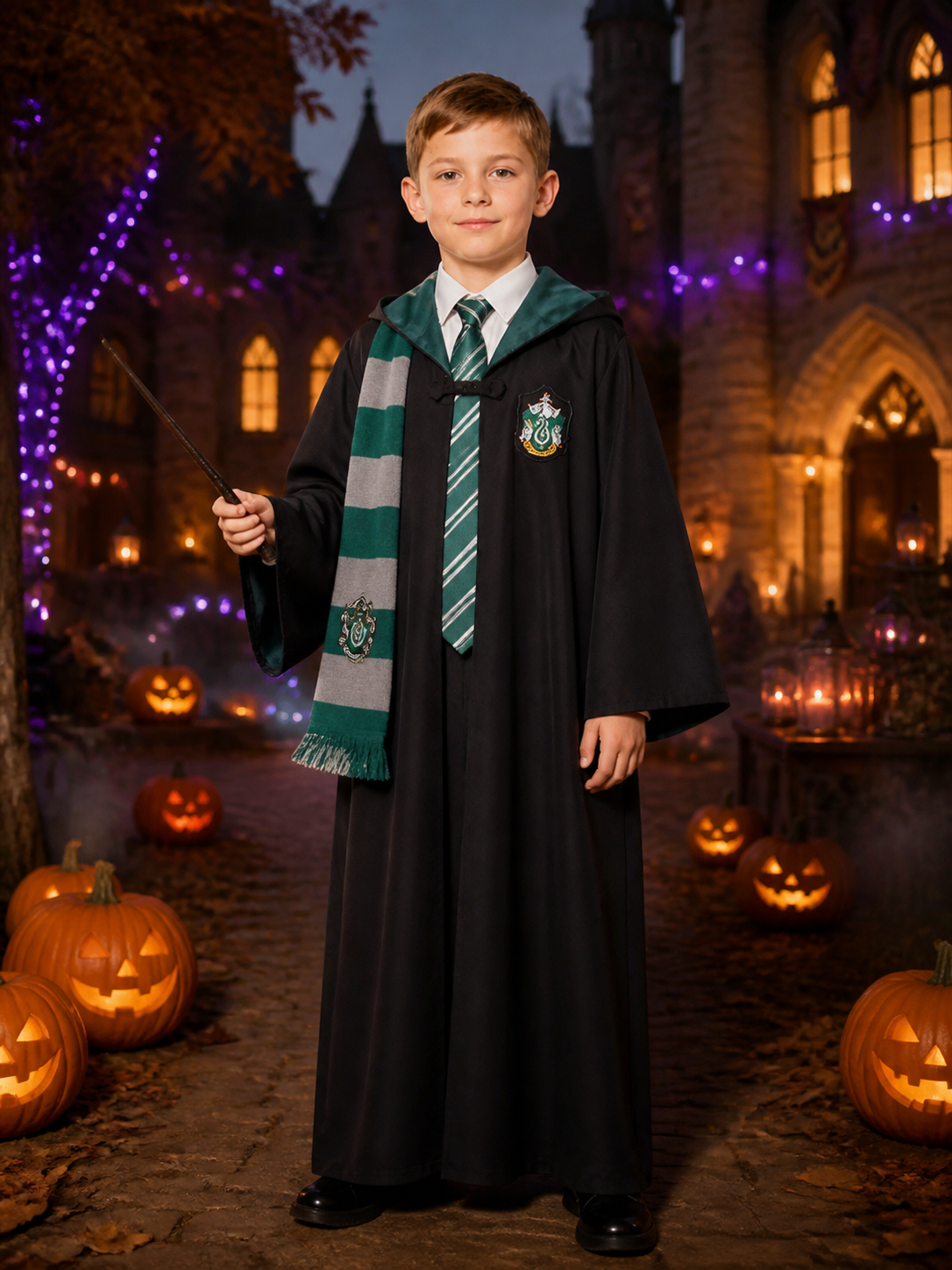 Children's Hooded Wizard Robe Costume Set with Striped Tie and Scarf Costumes detail 2
