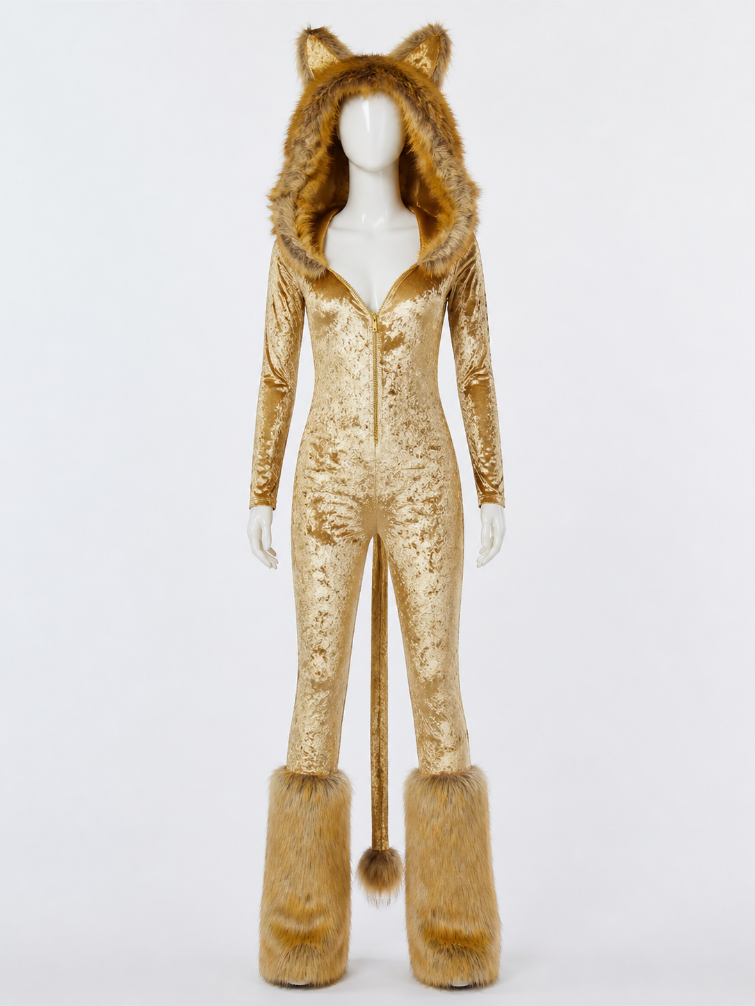 Golden Brown Hooded Animal Jumpsuit Costume with Plush Trim, Halloween Cosplay Costumes detail 2
