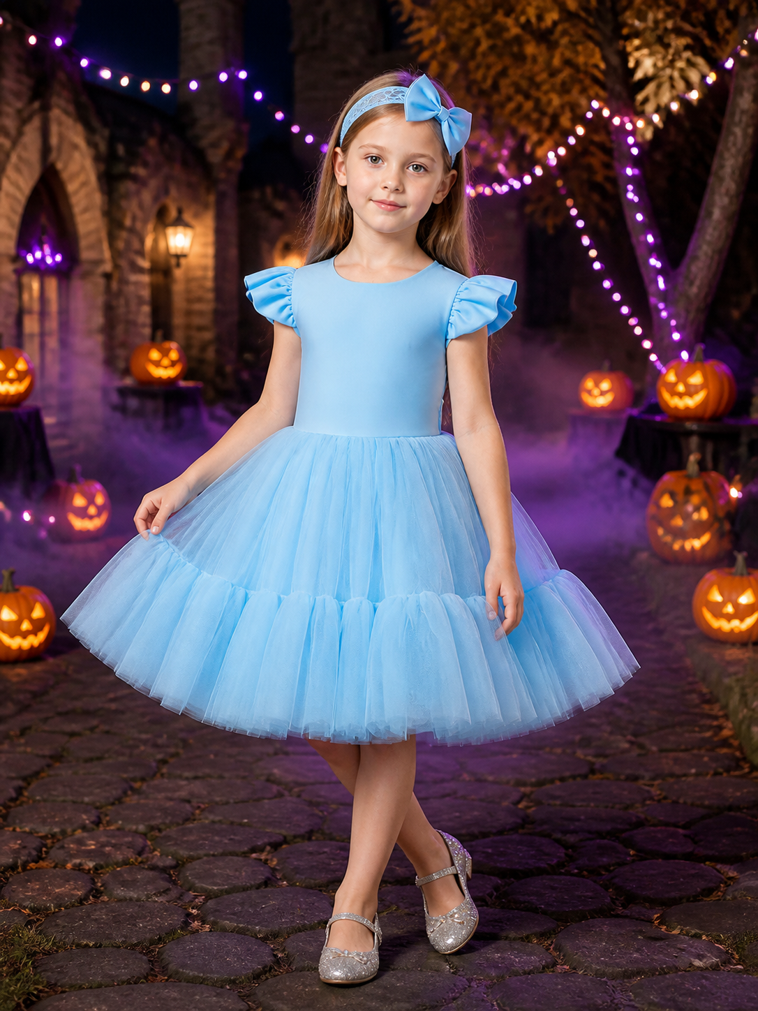 Girls' Blue Princess Dress Set with Lace Headband, Satin Bodice and Layered Costume Dresses detail 2