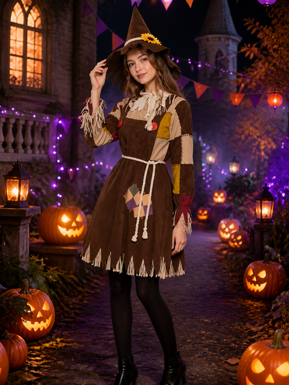 Witch Costume Set, Long Sleeve Patchwork Outfit with Fringed Details, Pointed Costumes detail 2