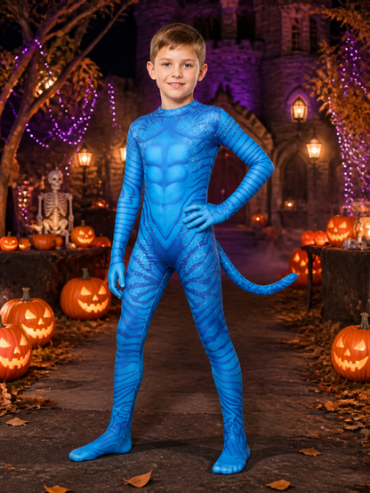 Kids Avatar 3 Bodysuit Costume, Blue Muscle Print with Tail, Halloween Outfit Costumes detail 2