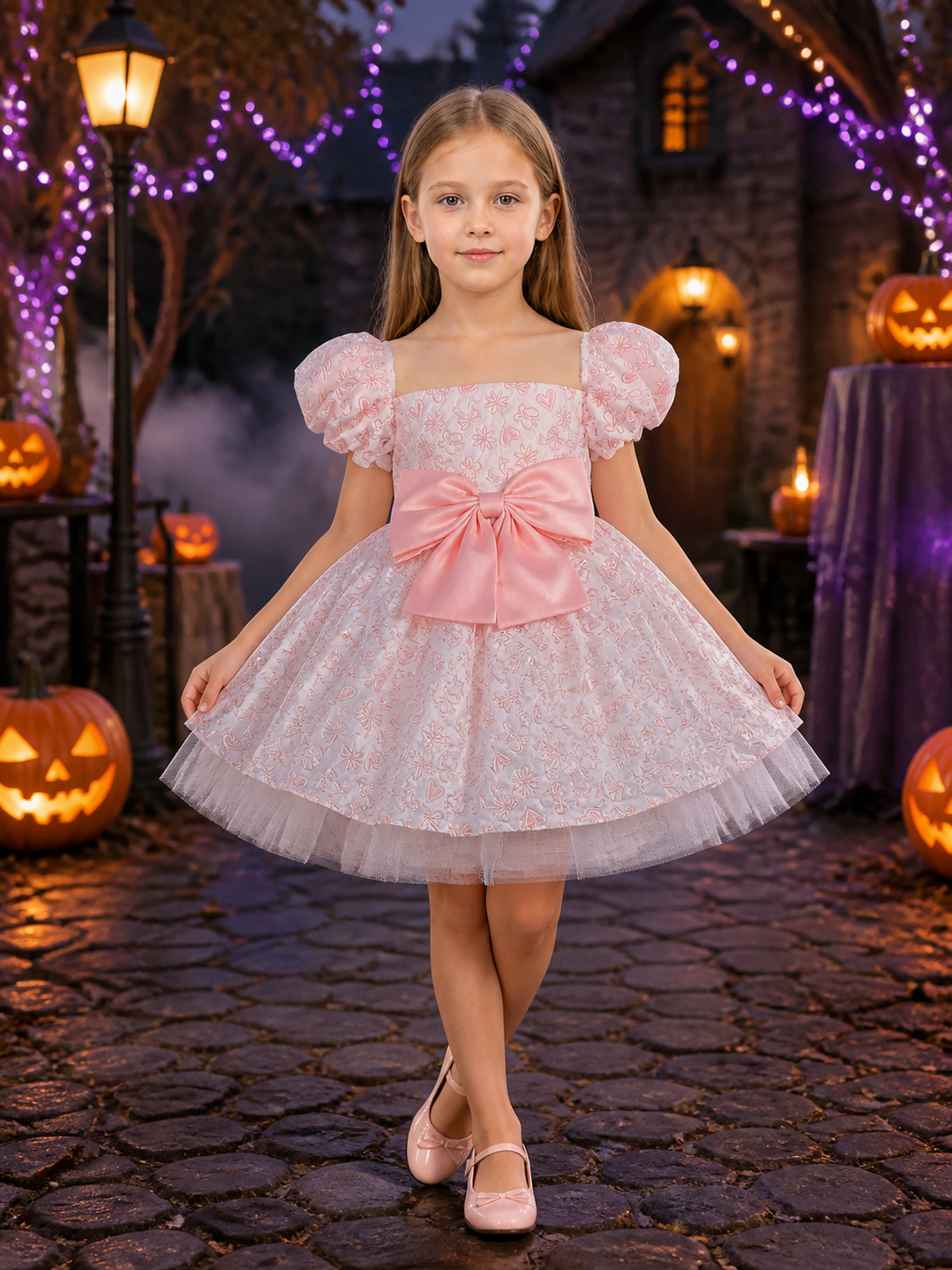 Toddler Girls' Princess Dress with Puff Sleeves, Bow and Heart Flower Embroidery Costume Dresses detail 2