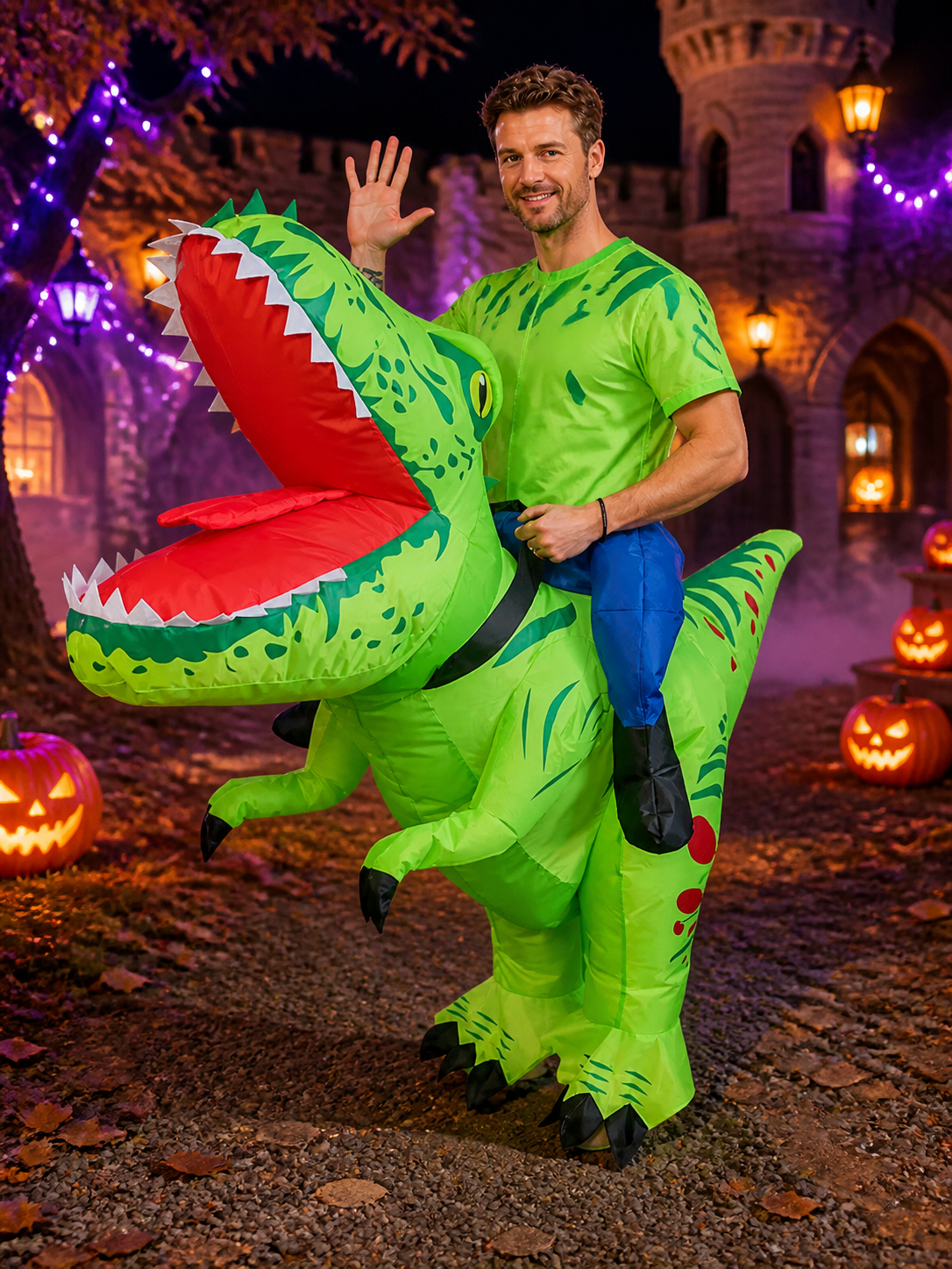 Kids Inflatable Dinosaur Costume, Green with Spots and Stripes, Halloween Party Costumes detail 2