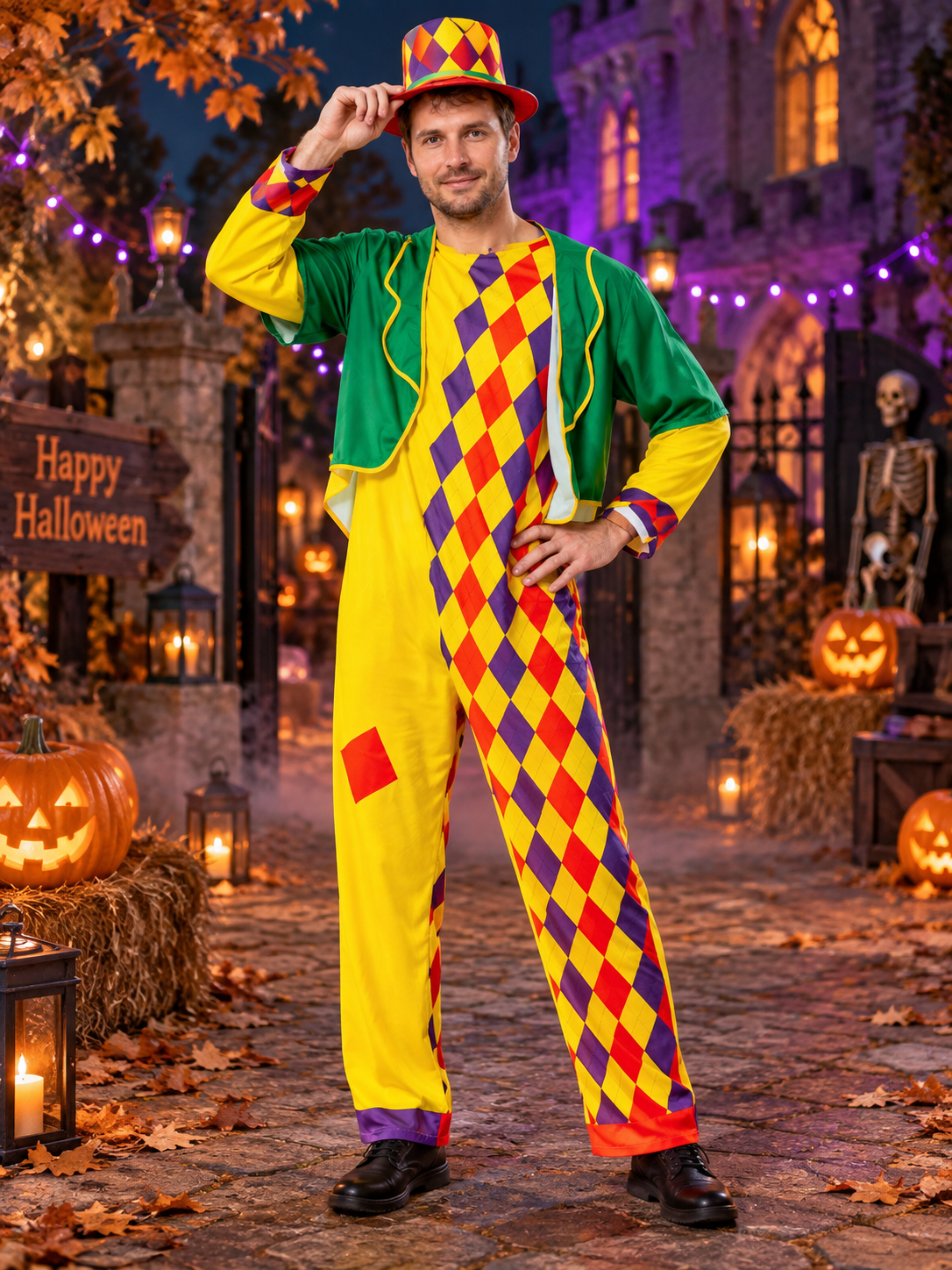 Colorful clown costume with jumpsuit, jacket and hat