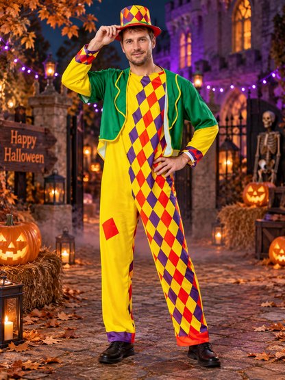 Colorful clown costume with jumpsuit, jacket and hat