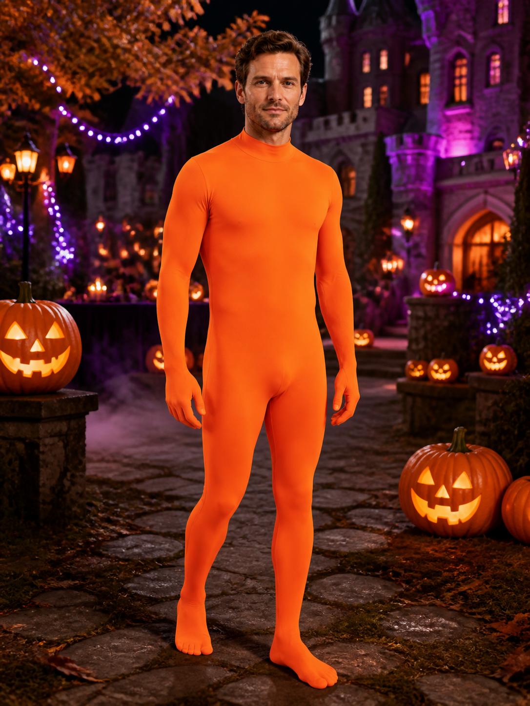 Invisible Man Full Body Bodysuit Costume, Halloween Cosplay Outfit for Adults on-model Halloween scene view