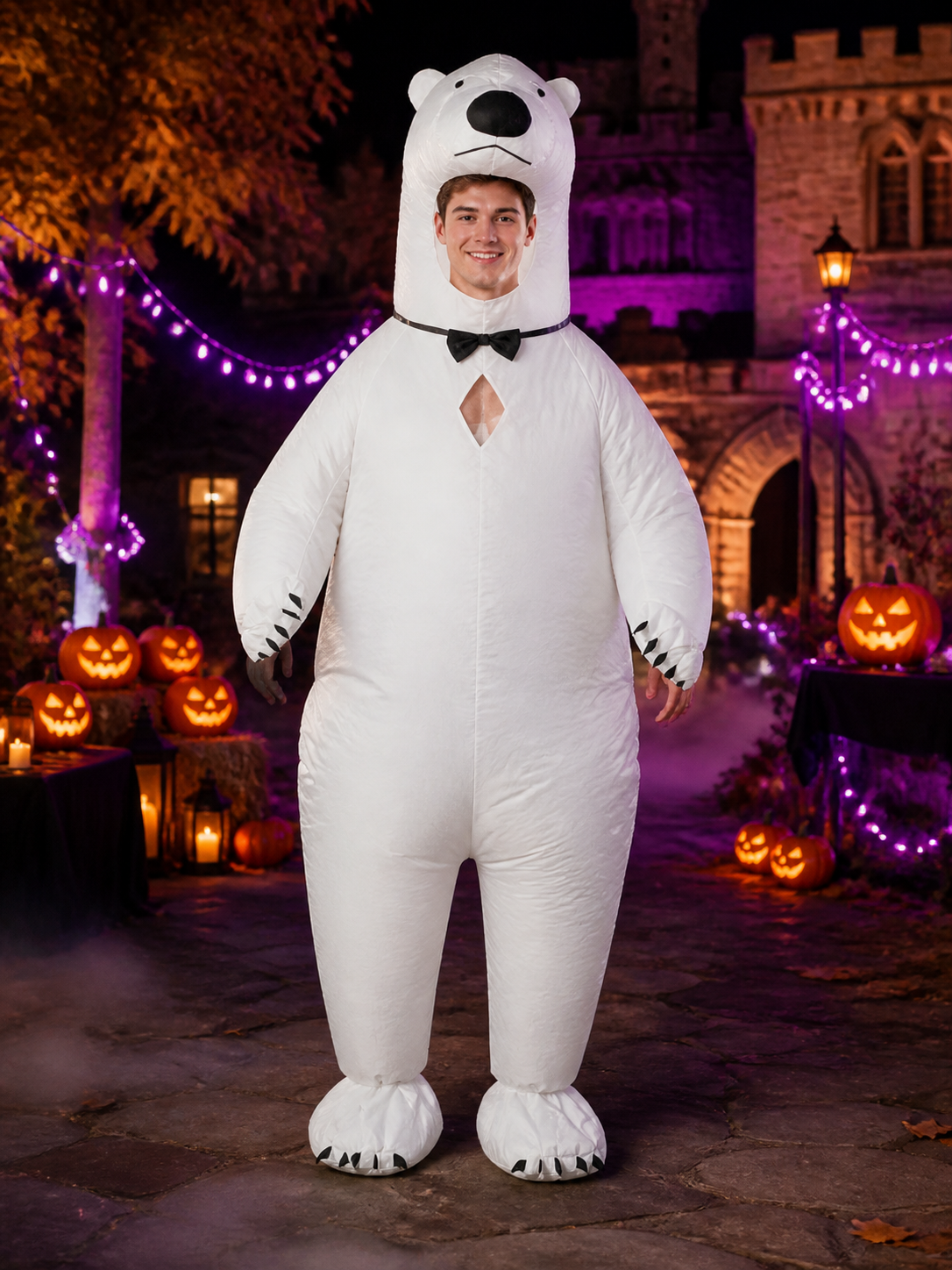 Inflatable White Bear Onesie Costume with Black Bow for Christmas Party Costume Accessories detail 2