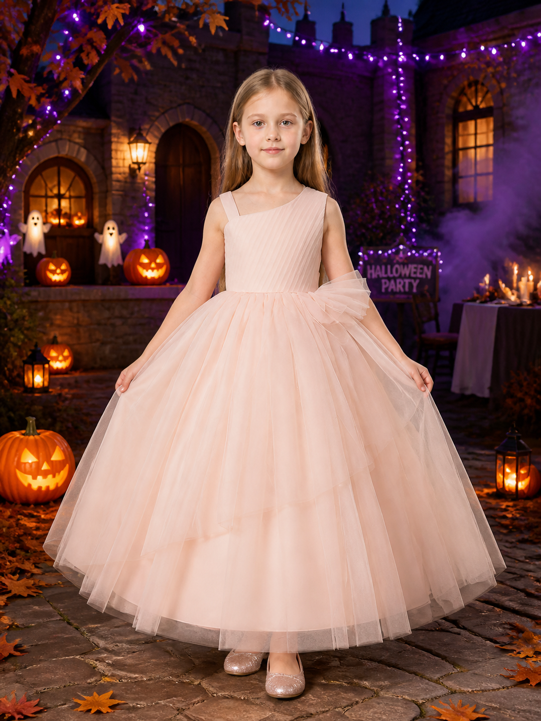 Girls' Blush Pink Princess Dress, One-Shoulder Layered Tulle Party Gown With Bow Costume Dresses detail 2