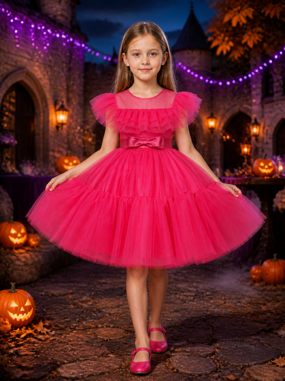 Girls' Princess Tulle Formal Dress with Puff Sleeves and Bow Waist, Rose Red Costume Dresses detail 2