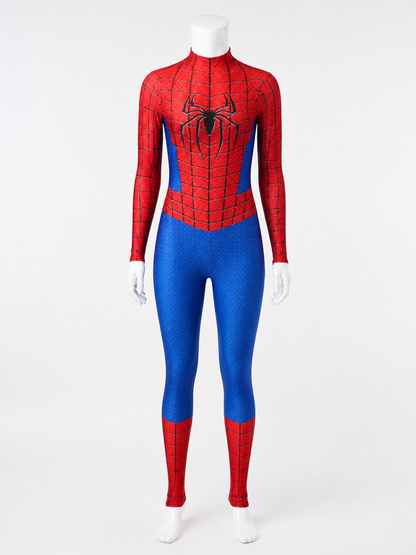 Kids' Spider-Themed Bodysuit Costume, Red Blue Black Web Design With Attached Costumes detail 2