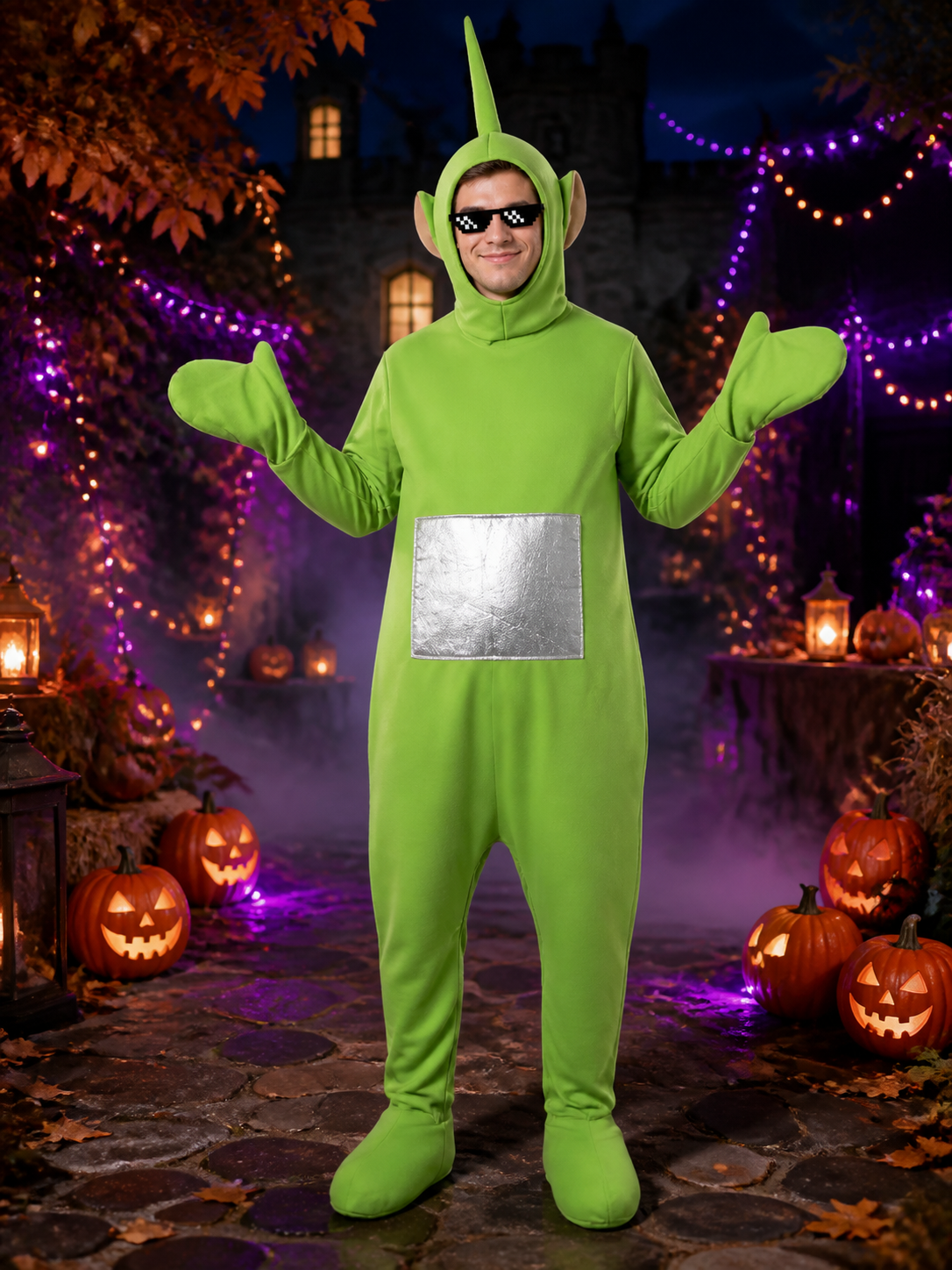 Adult Unisex Green Hooded Character Onesie Costume with Antenna, Pixel Glasses &