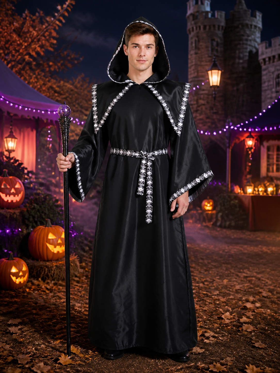 Black Hooded Wizard Robe Costume Set with Silver Sequin Trim and Belt Costumes detail 2