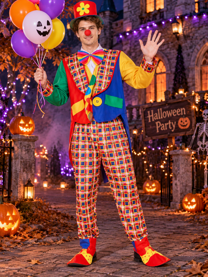 Adult Clown Costume Multicolor Plaid with Bow