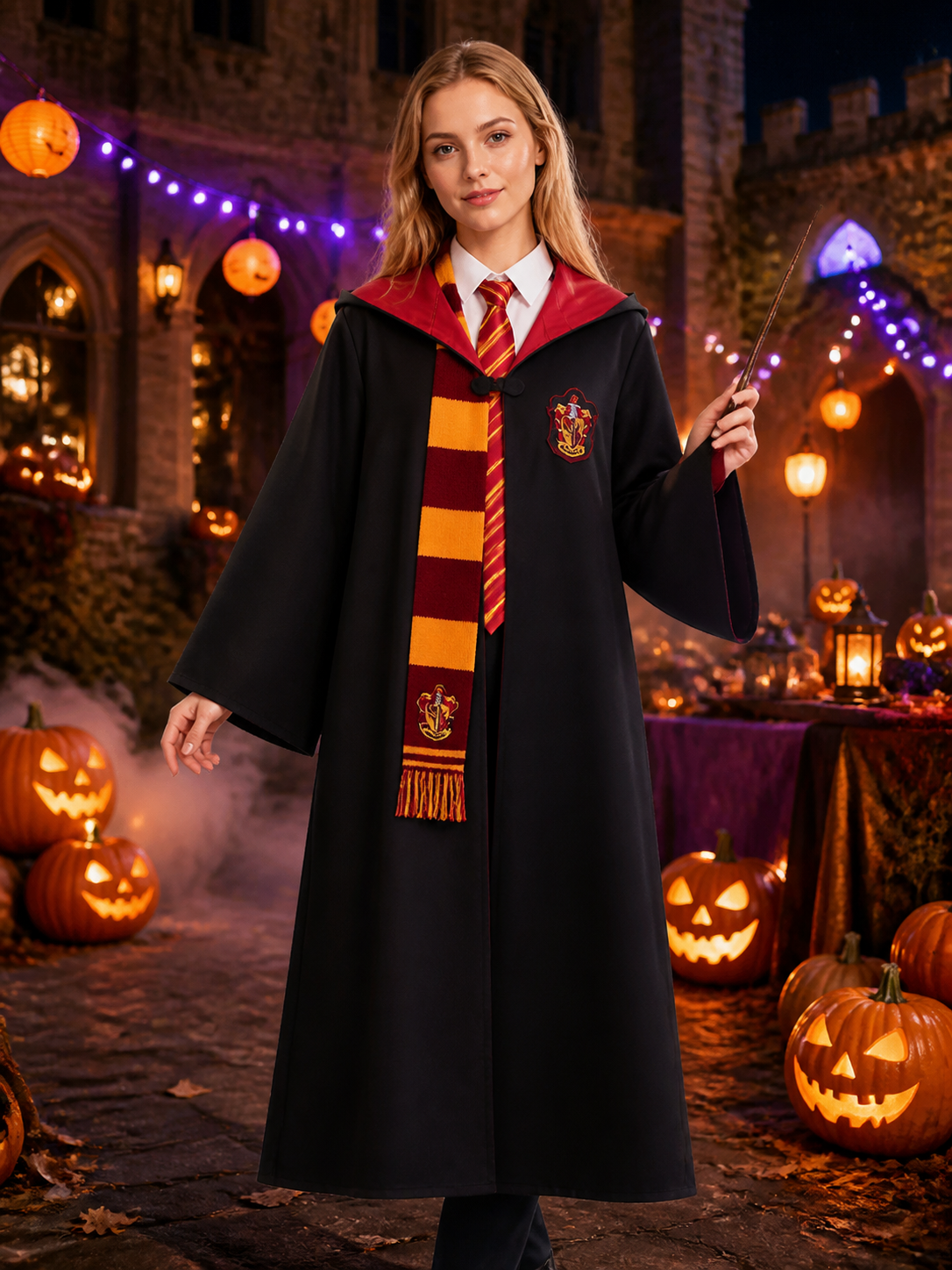Red and Gold Hooded Wizard Robe Costume Set with Tie and Scarf for Halloween Costumes detail 2