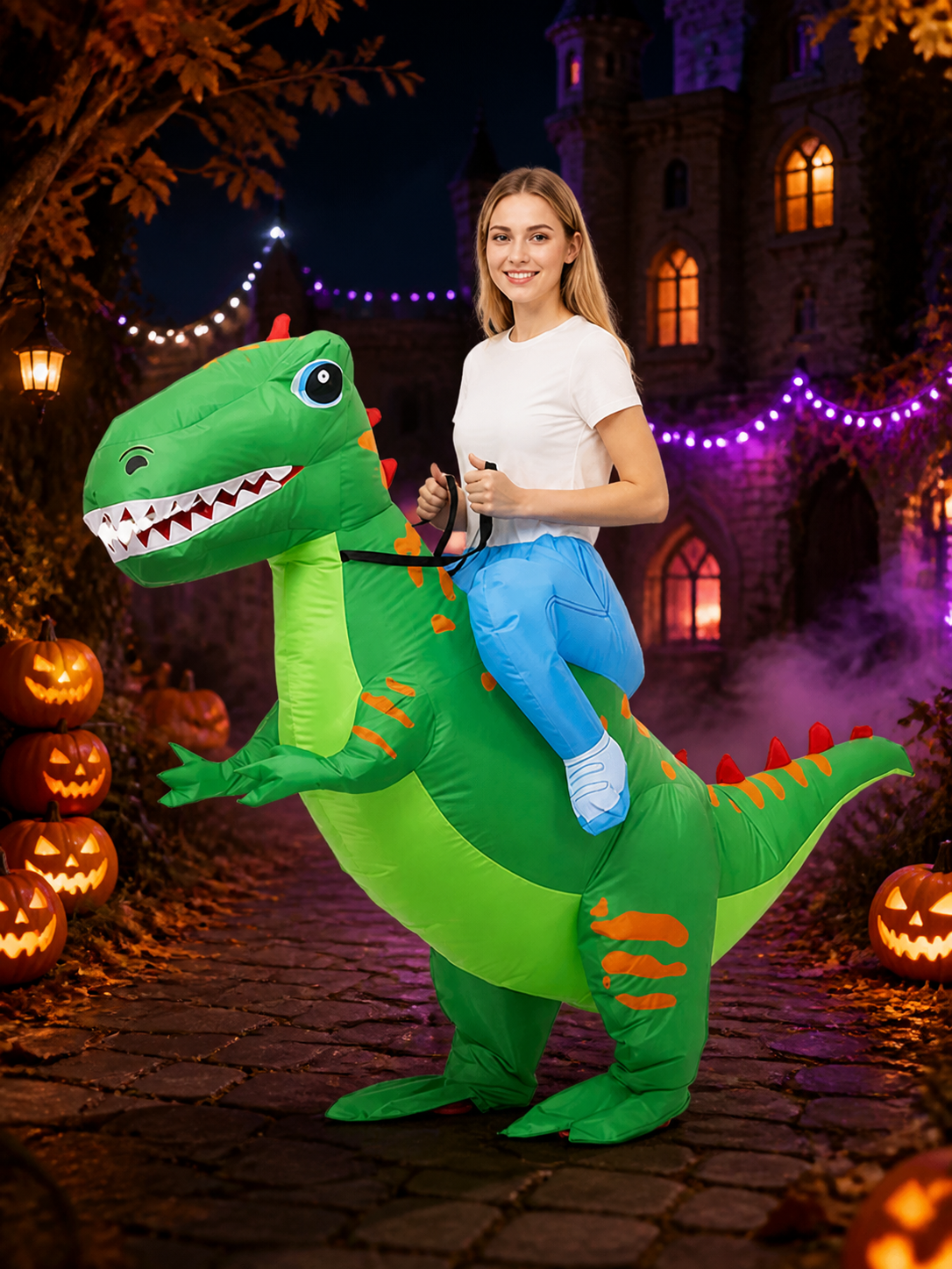 Adult Green Dinosaur Inflatable Halloween Costume with Orange Stripes and Red Costumes detail 2