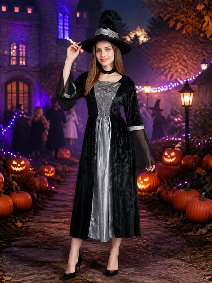 Women's Witch Costume Set - Black Long Dress with Sheer Sleeves, Spiderweb Costume Dresses detail 2
