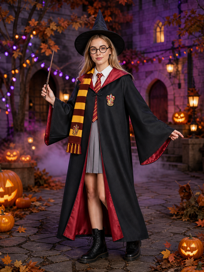 Wizard Costume Set With Hooded Robe, Shirt, Skirt, Hat, Glasses, Tie, Scarf And Costume Headwear detail 2