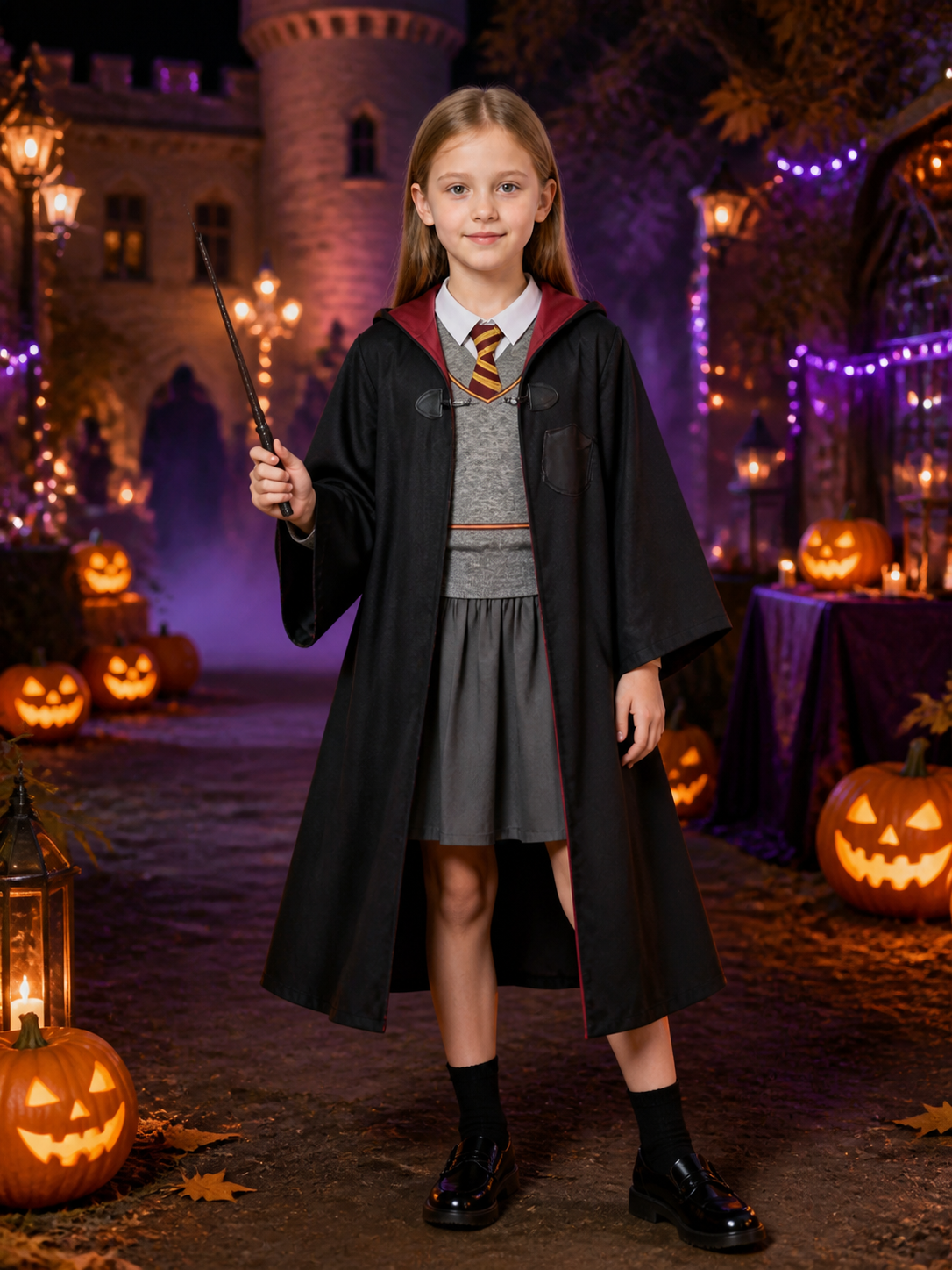 Kids Wizard Costume Set With Hooded Robe, Vest, Skirt And Wand Costume Accessories detail 2