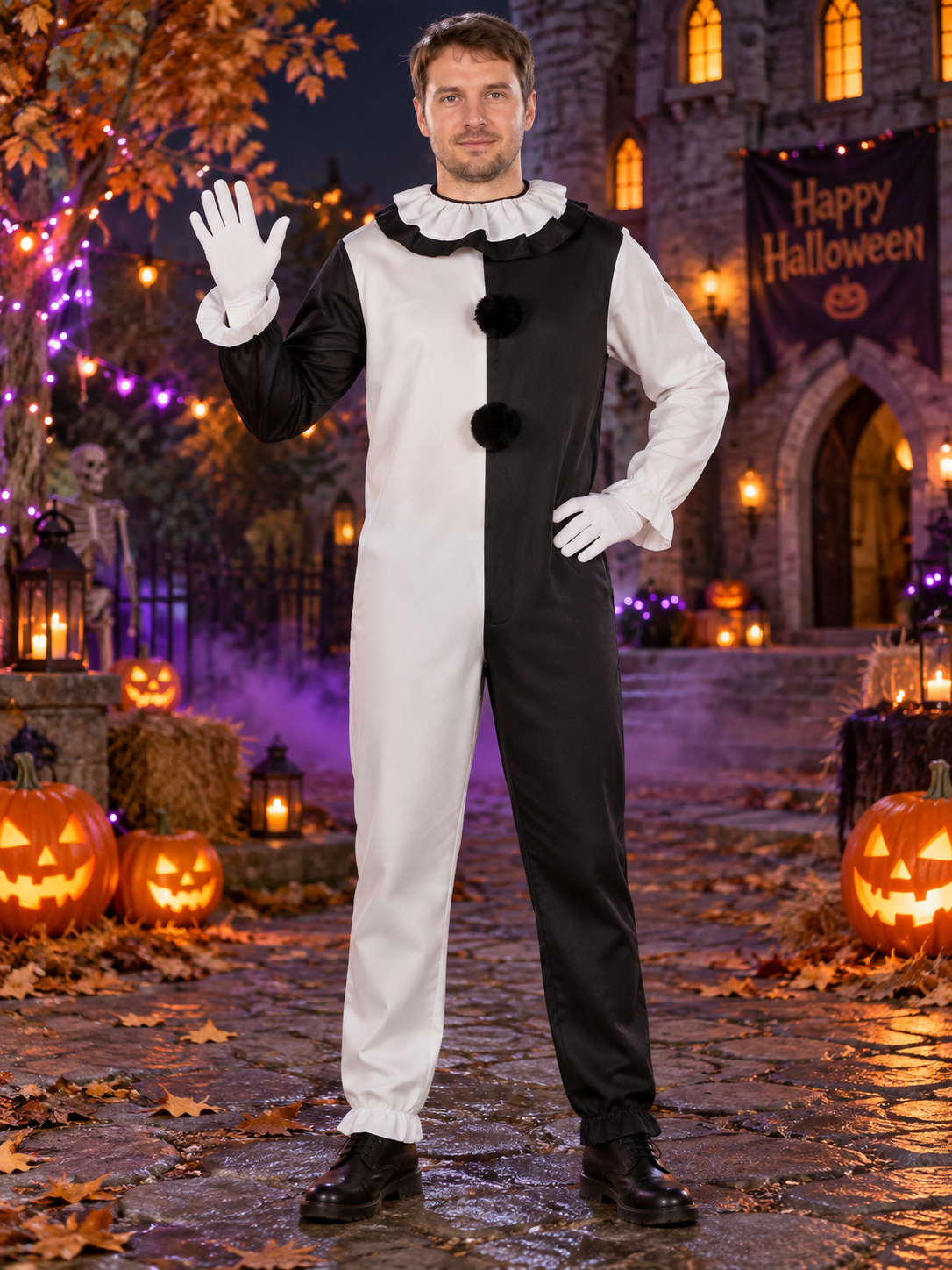 Black and White Clown Costume for Cosplay with Ruffle Collar