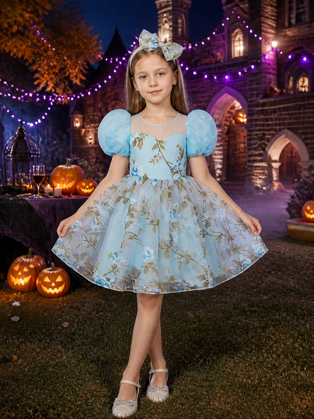 Girls' Floral Princess Party Dress With Puff Sleeves, Tulle Skirt & Bow Headband Costume Dresses detail 2