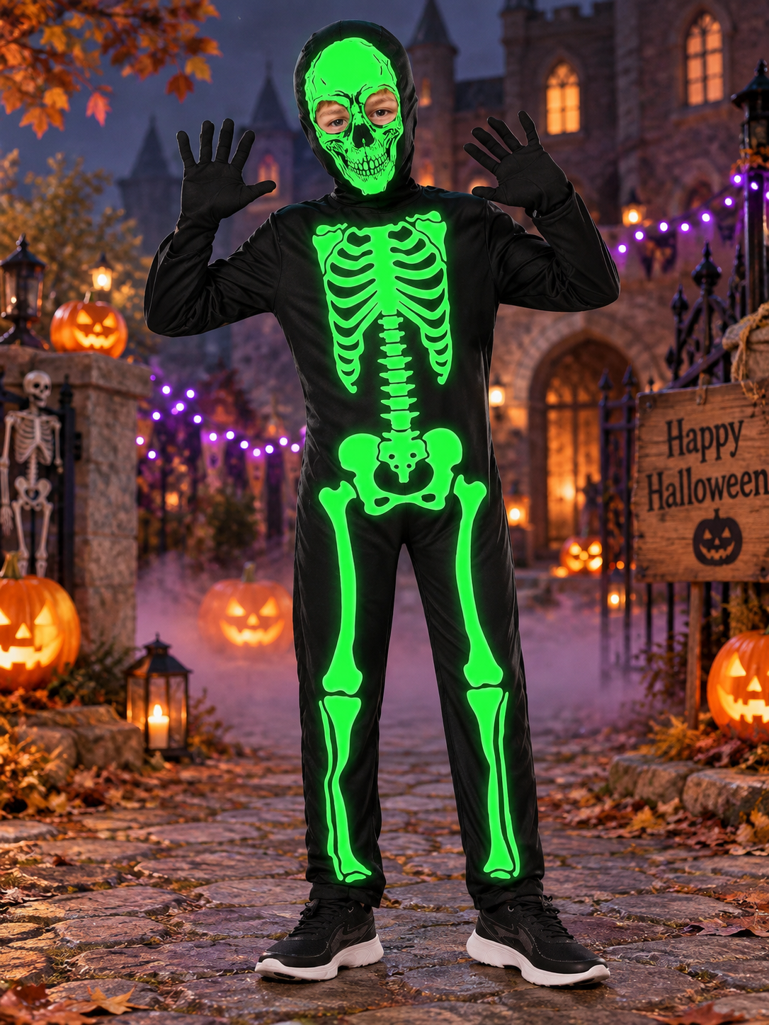 Kids' Skeleton Carnival Costume with Glow-in-the-Dark Print