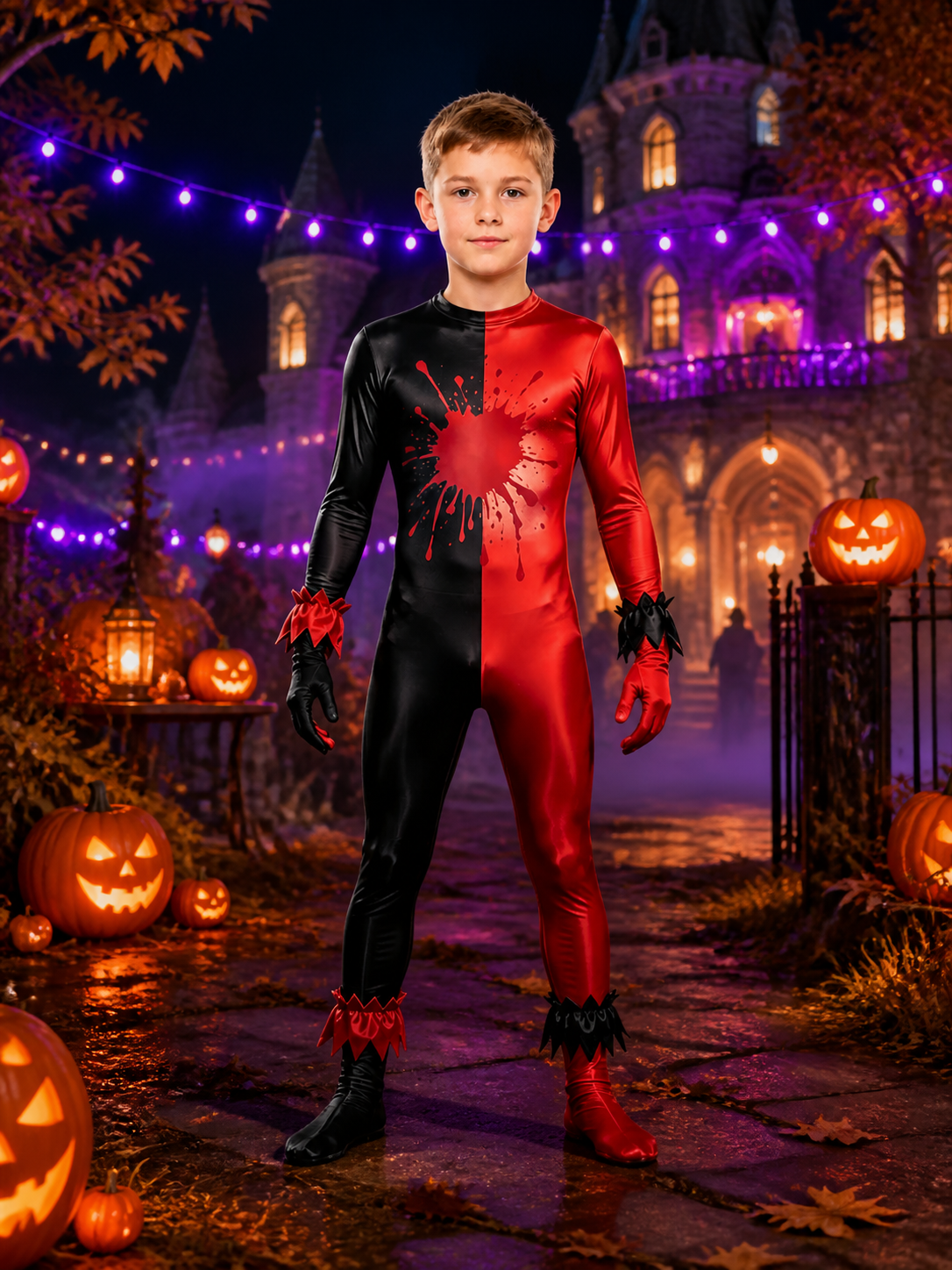 Unisex Halloween Clown Bodysuit Costume, Black Red Blood Splatter Stretch on-model Halloween scene view