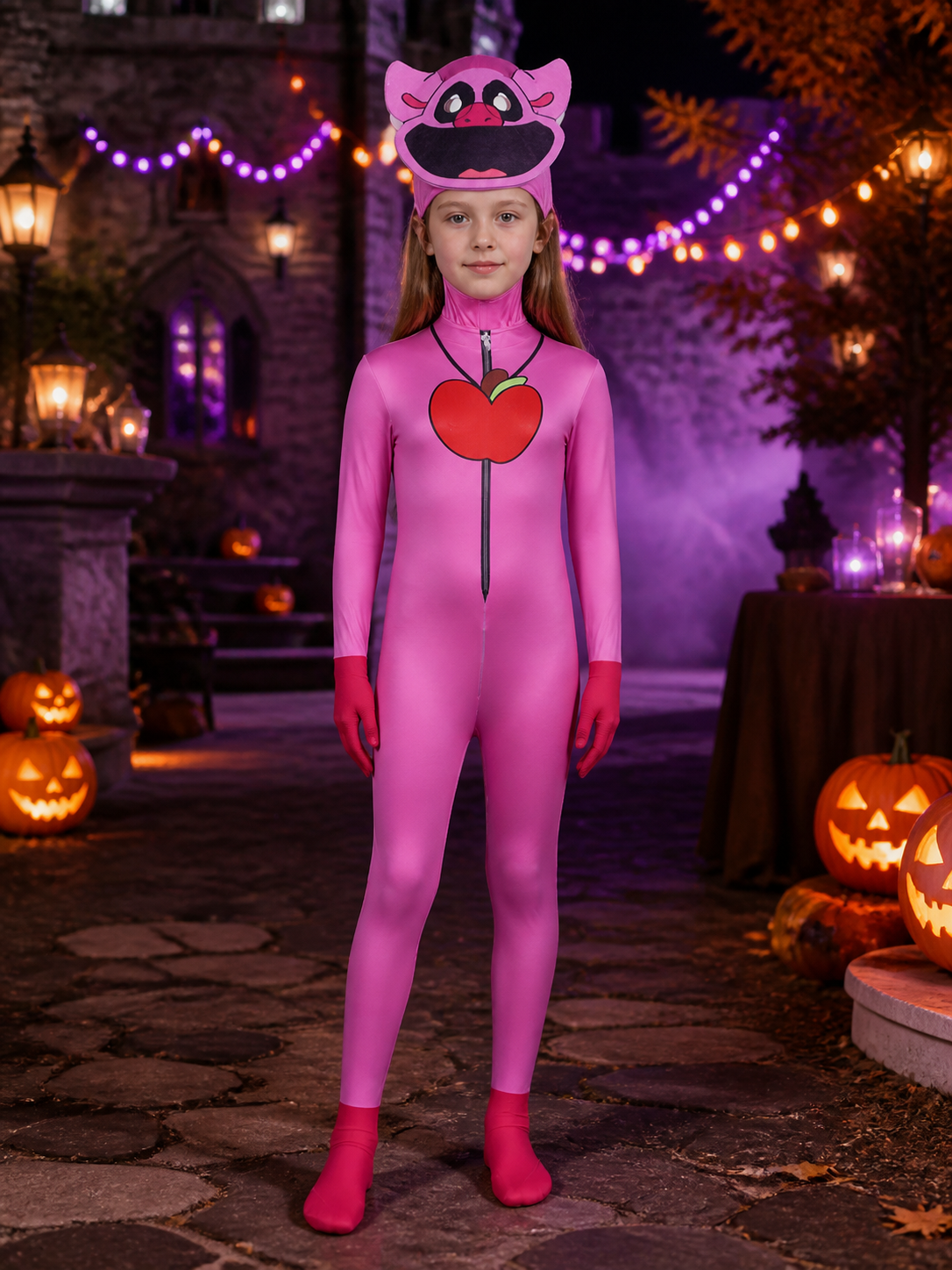 Pink Pig Hooded Onesie Costume, Full Body Animal Jumpsuit With Attached Face on-model Halloween scene view