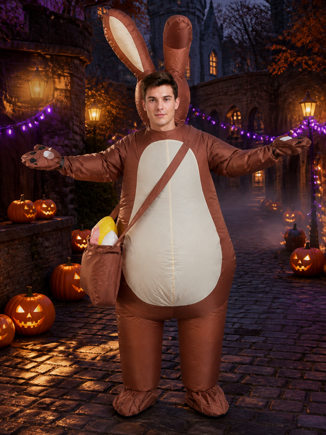 Brown Rabbit Inflatable Costume, Funny Animal Bodysuit with Belly Pocket for Costumes detail 2