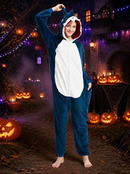 Navy Blue Shark Hooded Jumpsuit Costume, Long-Sleeve One-Piece Animal Outfit Costumes detail 2
