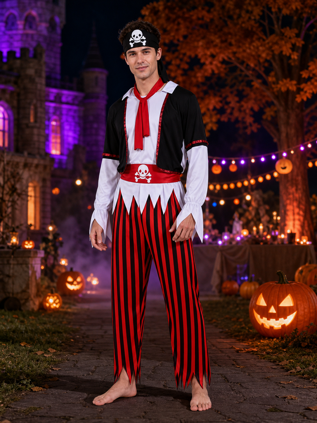 Unisex Pirate Captain Costume Set, Black Red Striped Outfit with Skull Print