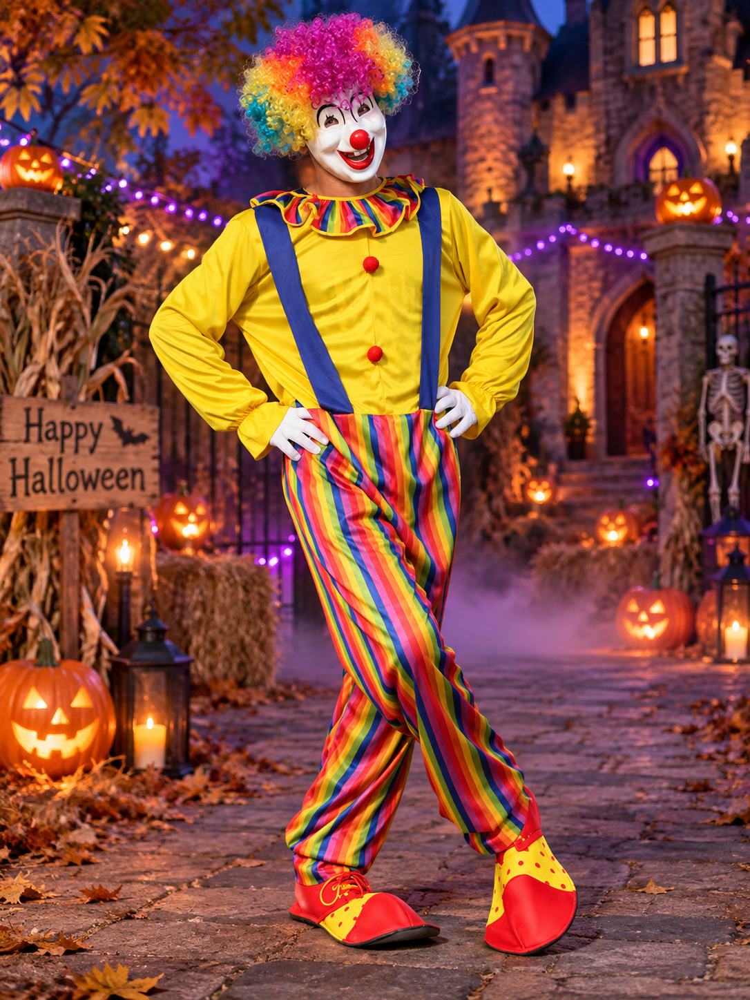 Clown Costume with Yellow Jumpsuit, Wig, and Mask