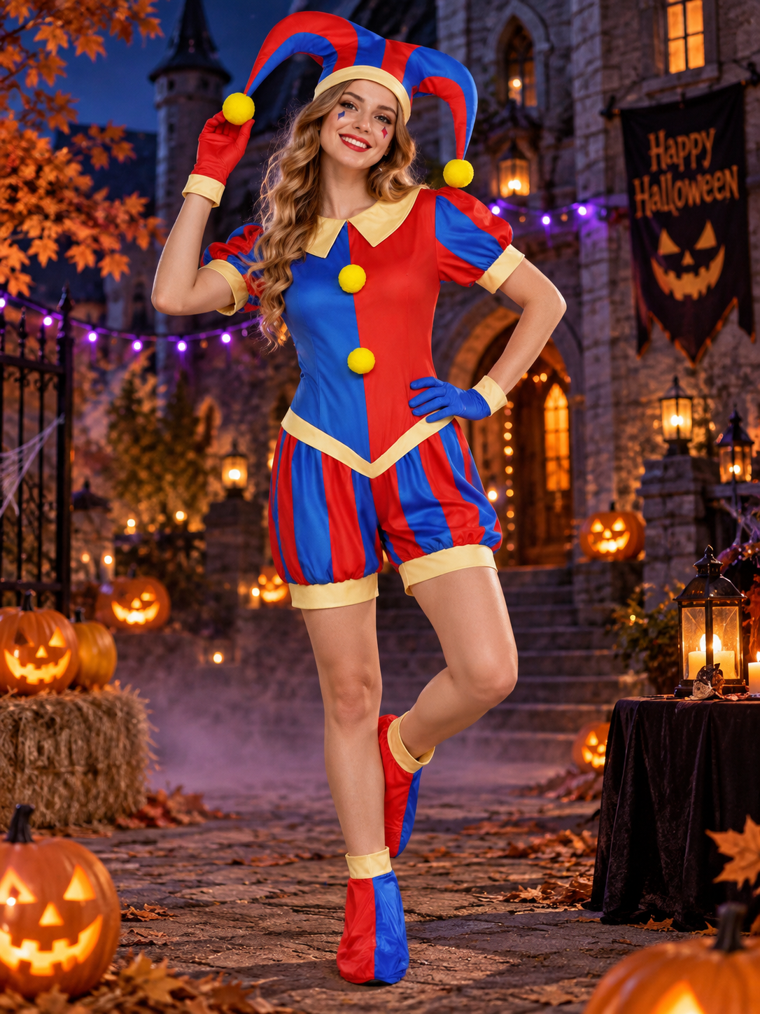 Jester Carnival Costume with Hat, Gloves, and Shoe Covers