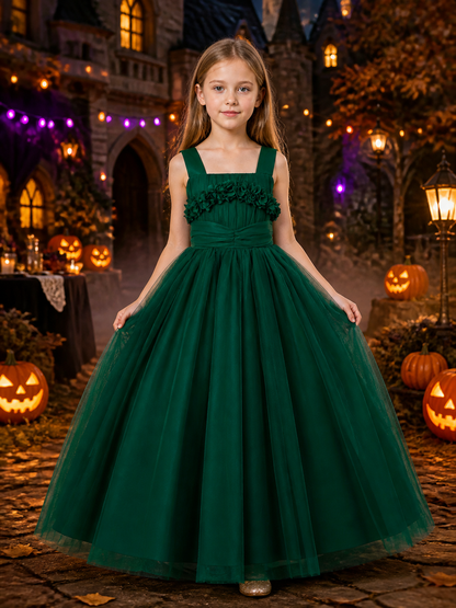 Girls' Dark Green Princess Formal Dress with Layered Tulle Skirt, Bow, and 3D Costume Dresses detail 2