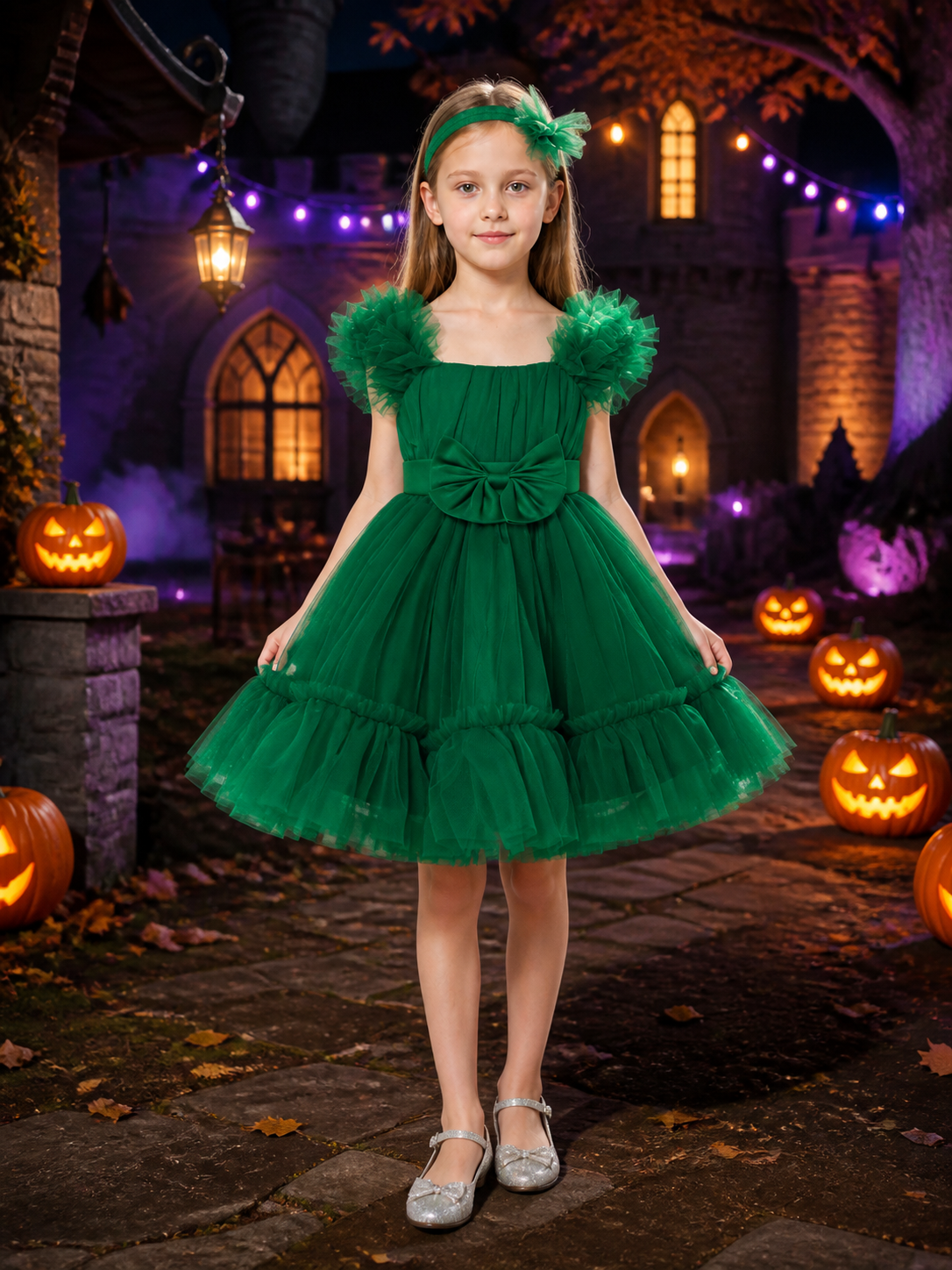 Girls' Green Princess Dress with Puff Sleeves, Layered Tulle Skirt and Bow Costume Dresses detail 2