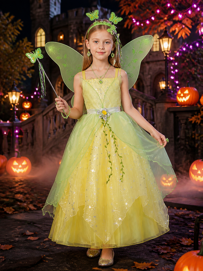 Girls Tiana Princess Costume Dress Set with Butterfly Wings and Sparkly Details Costume Dresses detail 2