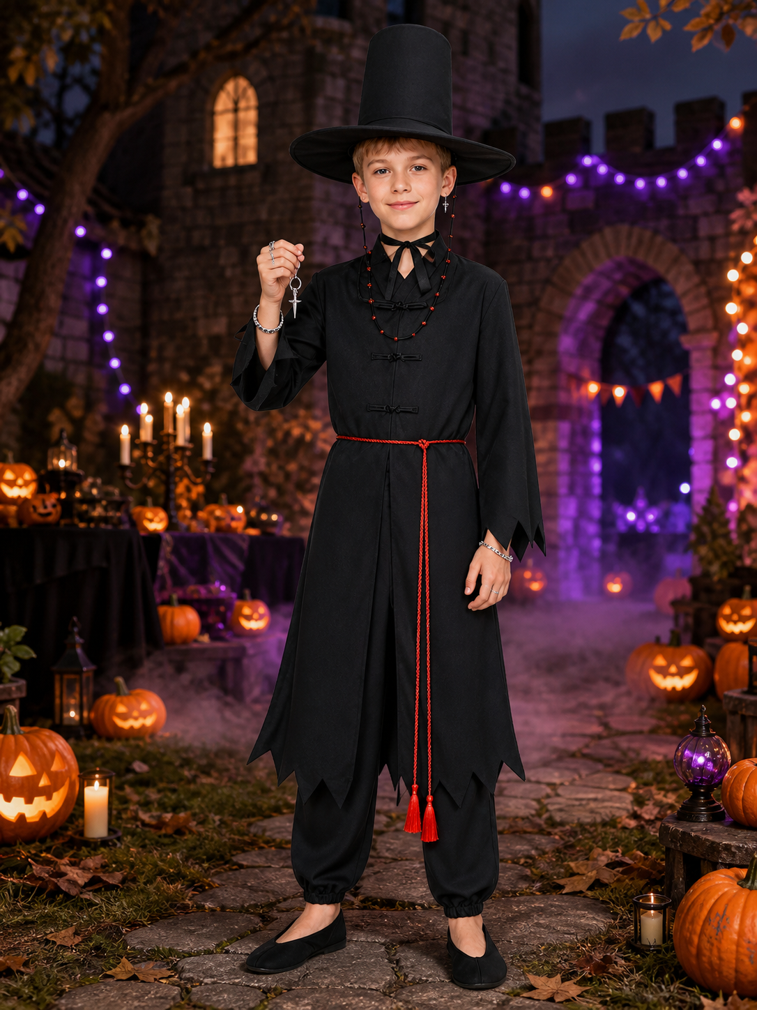 Black Magic Fantasy Role-Play Costume Set with Pointed Hat and Accessories Costume Headwear detail 2