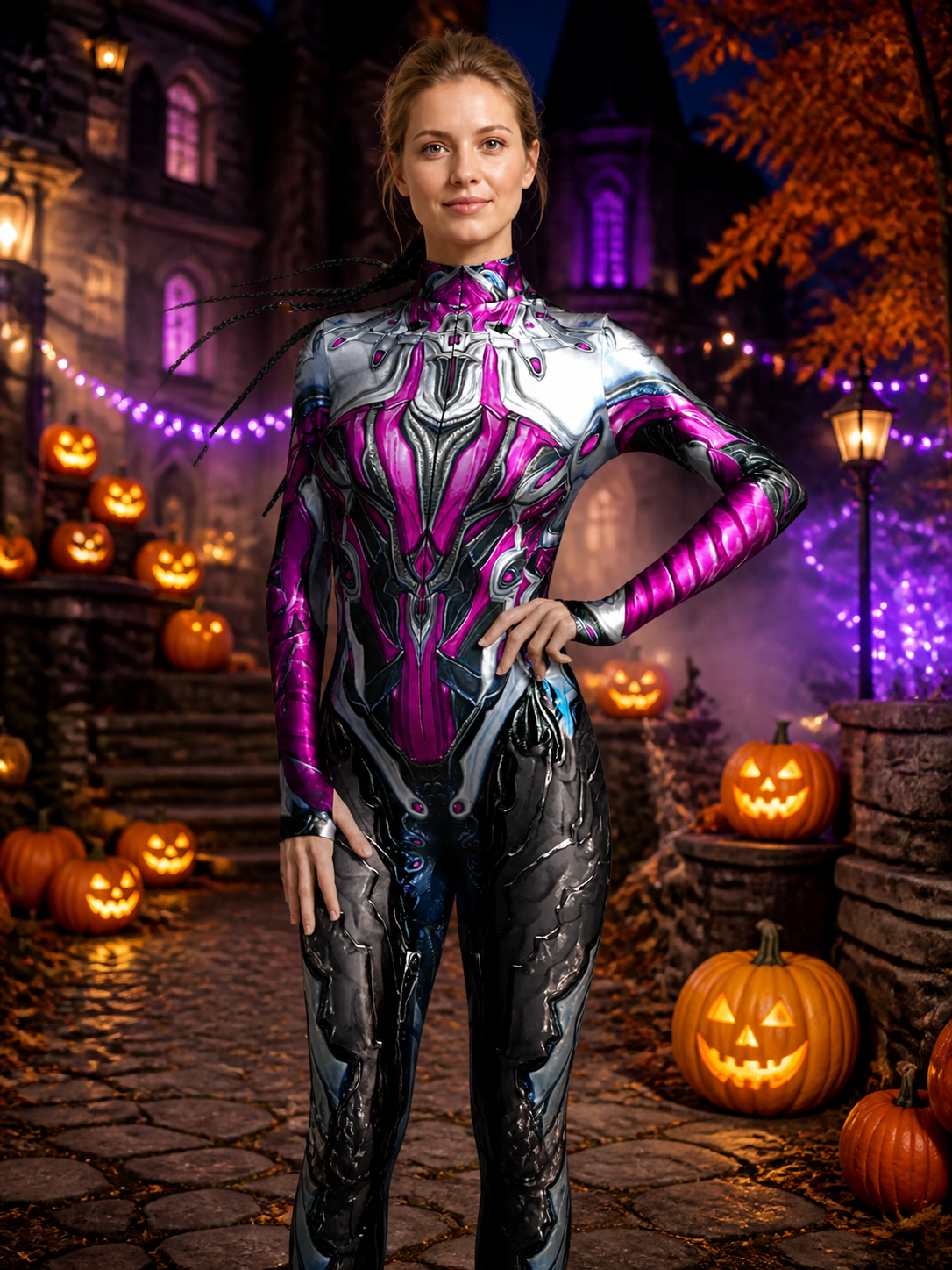 Neon Pink, Silver & Black Sci-Fi Armor Print Long-Sleeve Bodysuit Costume Costumes detail 2