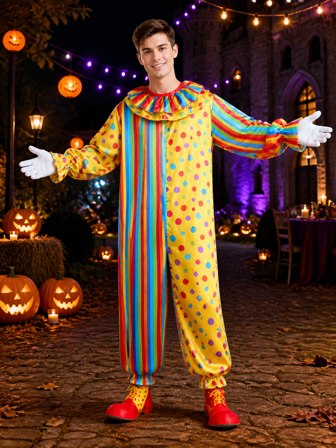 Unisex Adult Clown Jumpsuit Costume, Colorful Striped & Polka Dot One-Piece Costumes detail 2