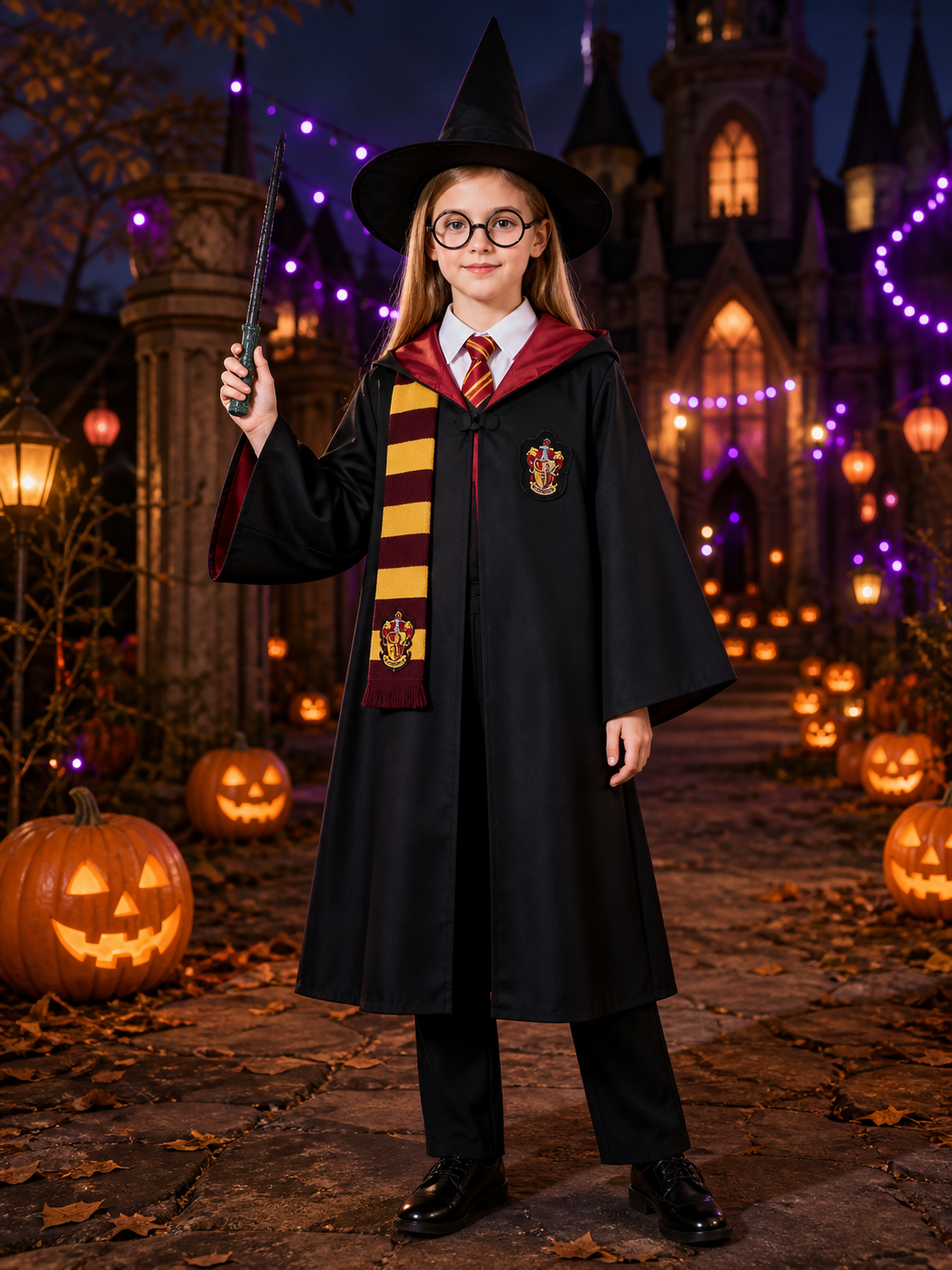 Wizard Costume Set with Hooded Robe, Scarf, Tie, Hat, Wand and Round Glasses