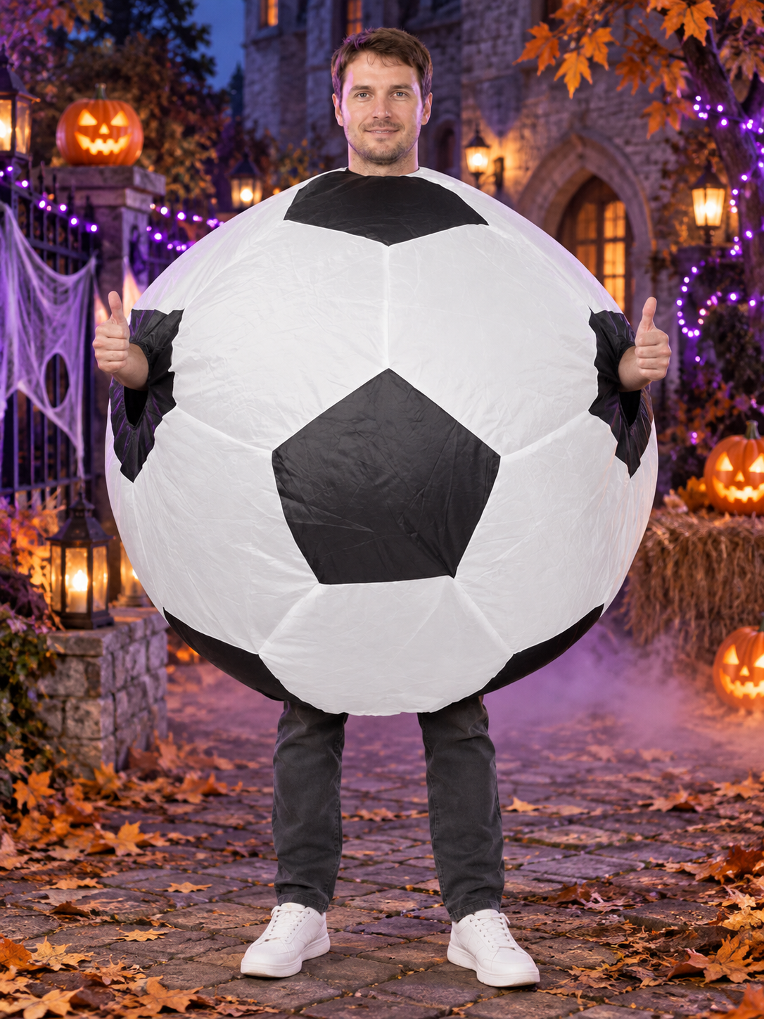 Inflatable carnival costume black and white with a soccer pattern