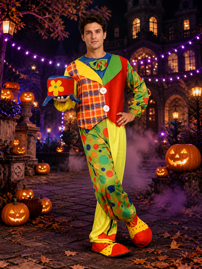 Unisex Adult Clown Costume Set, Colorful Polka Dot Jumpsuit with Vest, Bow Tie Costume Accessories detail 2